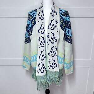 Anthropologie Gypsy Global Village Cream Long Sleeve Boho Open Fringe Cardigan M